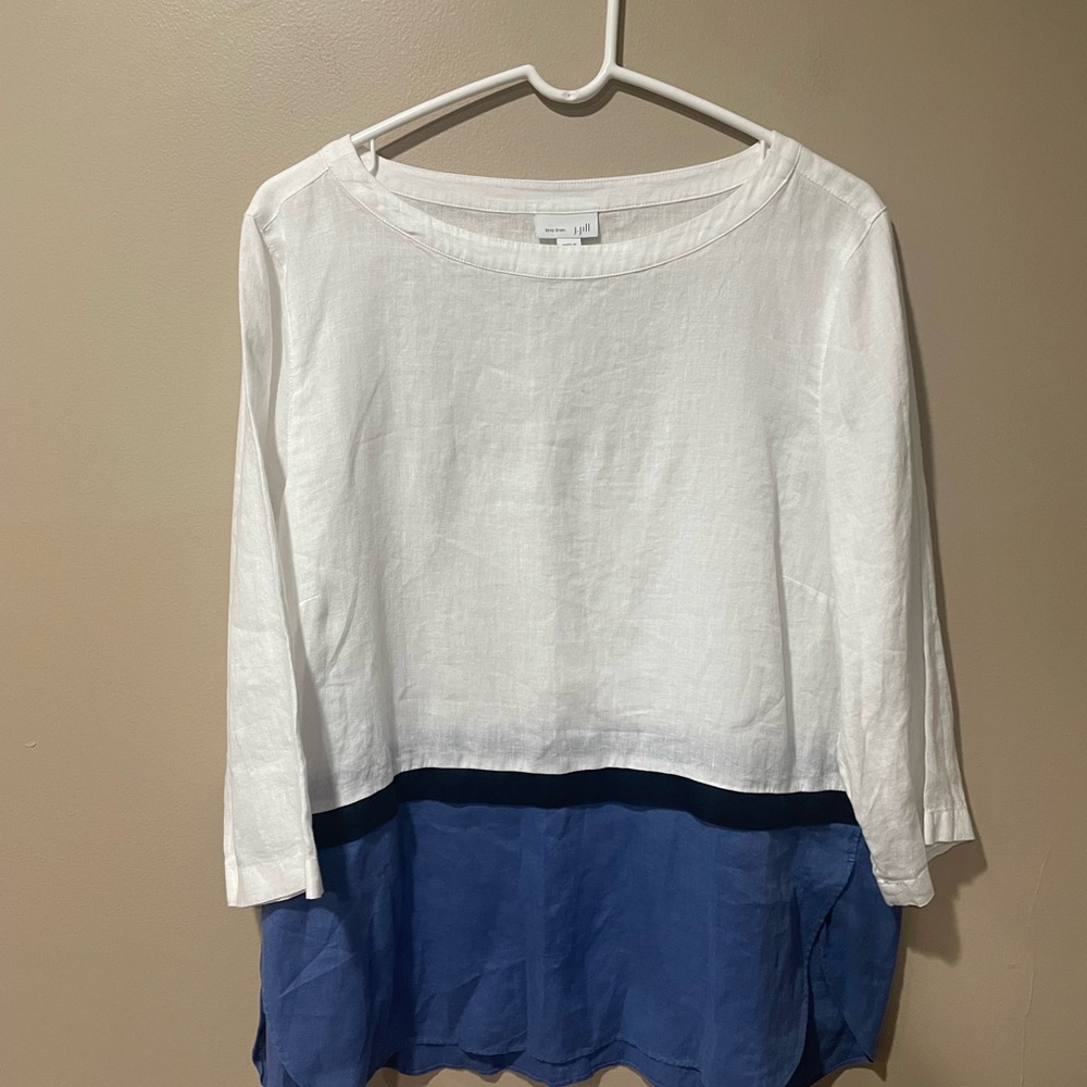J. Jill white and blue 100% linen top ~ Size large